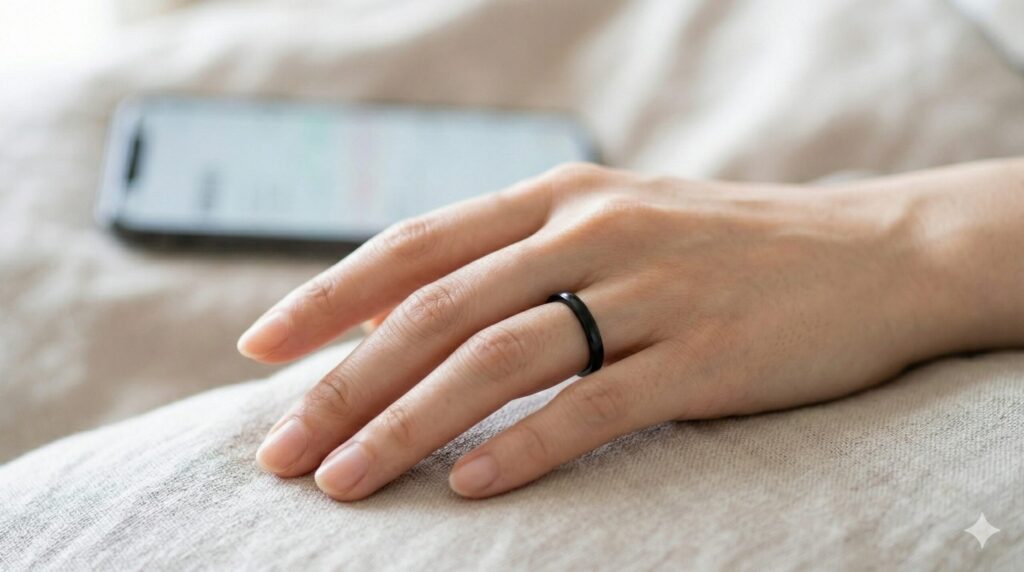 洗練されたデザインの黒いスマートリングを人差し指にはめた日本人女性の手元。背景は柔らかくボケており、日常の生活シーンに溶け込むウェアラブルデバイスとしての側面を強調した画像。