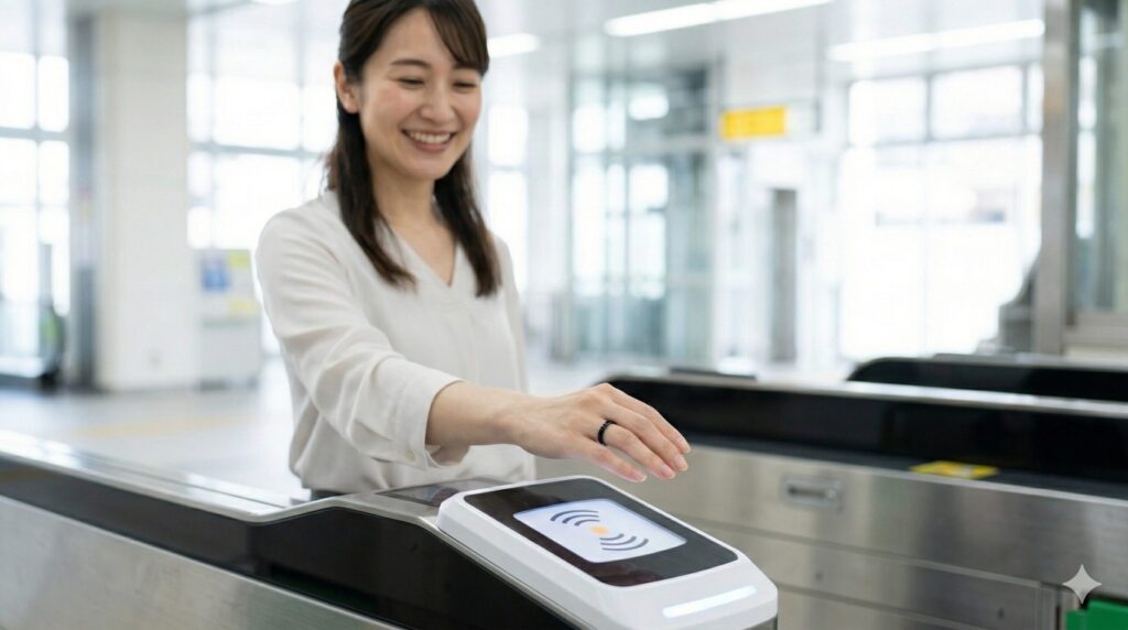 日本のモダンな駅の改札口にて、日本人女性がスマートリング(EVERING)をはめた手を「クレジットカードのタッチ決済(Visaのタッチ決済)」専用リーダーにサッとかざし、スムーズに改札を通過する様子。Suicaリーダーとは異なる決済リーダーの設置が確認できる。