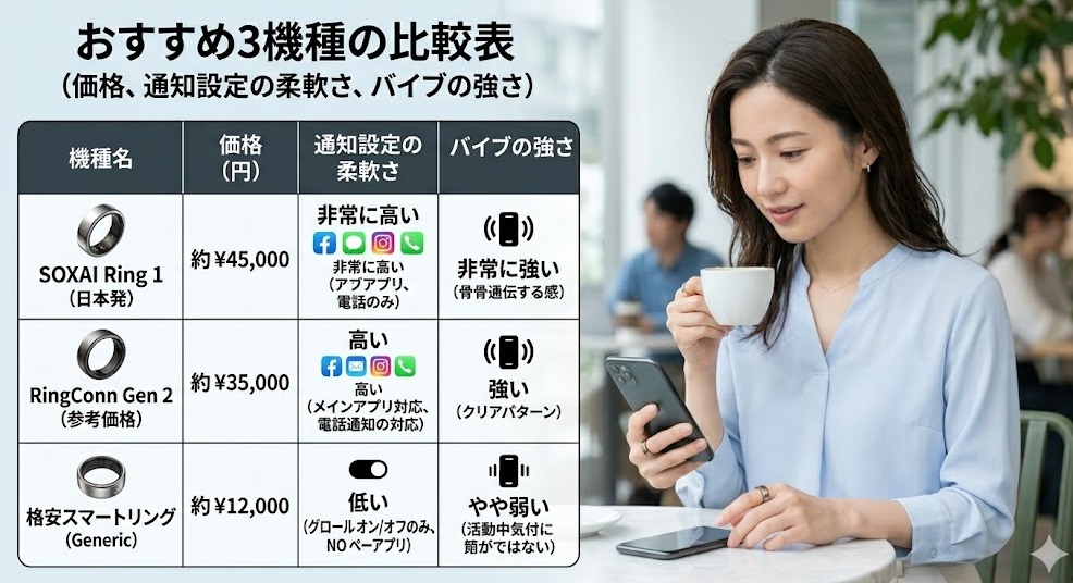 通知機能ありスマートリングおすすめ3機種のスペック比較表