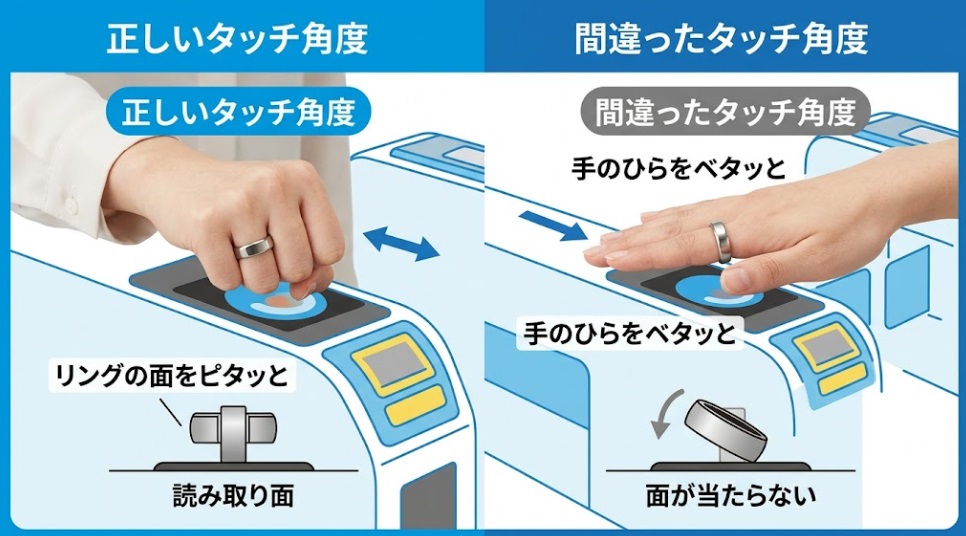 スマートリングで改札をスムーズに通過する手の角度の図解。正しい角度（指の背を平行に当てる）と間違った角度（手のひらをベタッと置く）を日本人女性の手で比較。