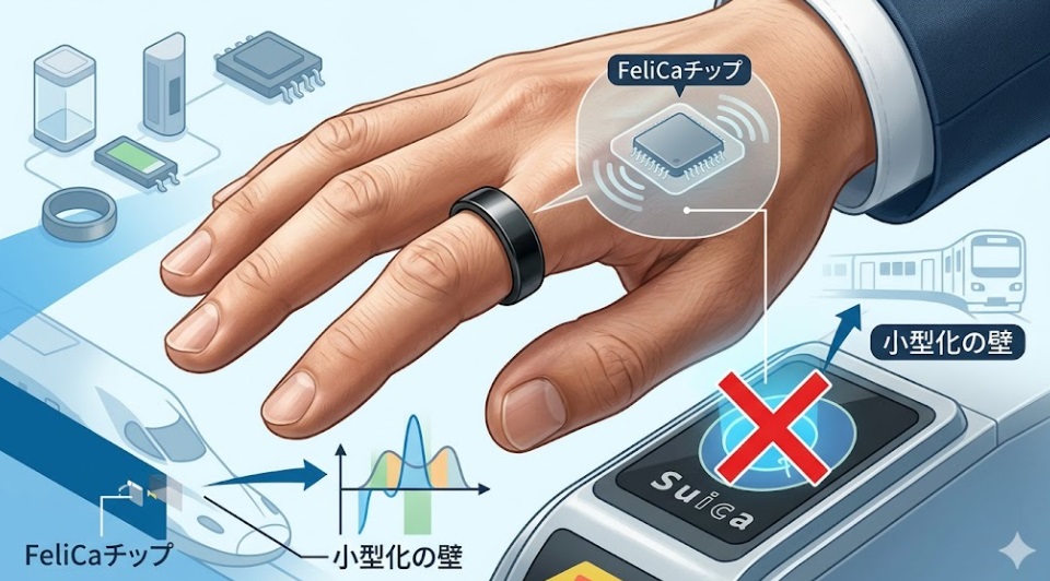日本人の手がスマートリングを装着し、そのリングからFeliCaチップのインフォグラフィックと電波が出ているが、改札機（FeliCaリーダー）とは通信できていない（×が表示されている）様子を描いたイラスト。技術的なハードルを視覚化。