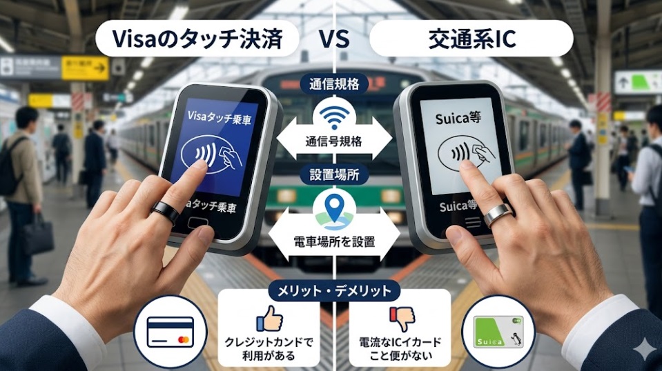 日本人の手が2つあり、それぞれ異なるスマートリングを装着。片方はVisaタッチのリーダーに、もう片方は交通系IC（Suica等）のリーダーにタッチしている様子を対比させたインフォグラフィック。規格の違いを視覚化。