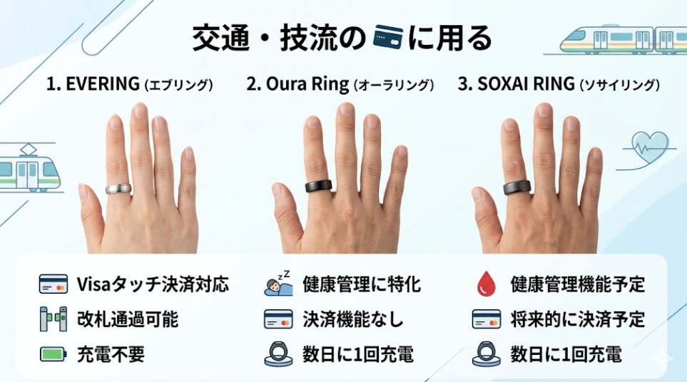 EVERING、Oura Ring、SOXAI RINGの3つのスマートリングを比較したインフォグラフィック。各リングを装着した日本人の手が並び、それぞれの特徴（決済、健康管理、将来性）をアイコンと日本語でわかりやすく表現。