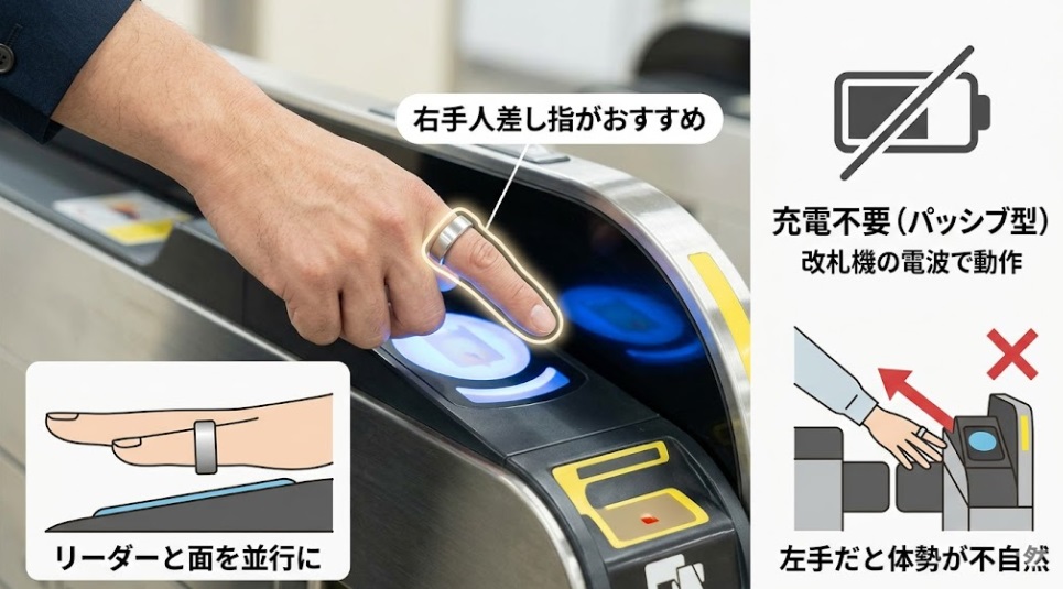 日本人の男性の手が改札機のリーダーにスマートリングでタッチしている様子を描いたインフォグラフィック。正しい装着指（右手人差し指）をハイライトし、充電不要であることを表現。