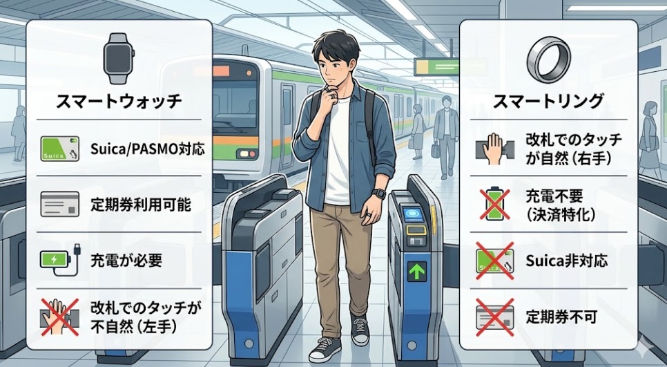 日本人の男性が左腕にApple Watch、右手にスマートリングを着用し、改札機の前に立っている様子を描いたインフォグラフィック。それぞれのメリット・デメリットをアイコンと日本語で対比。