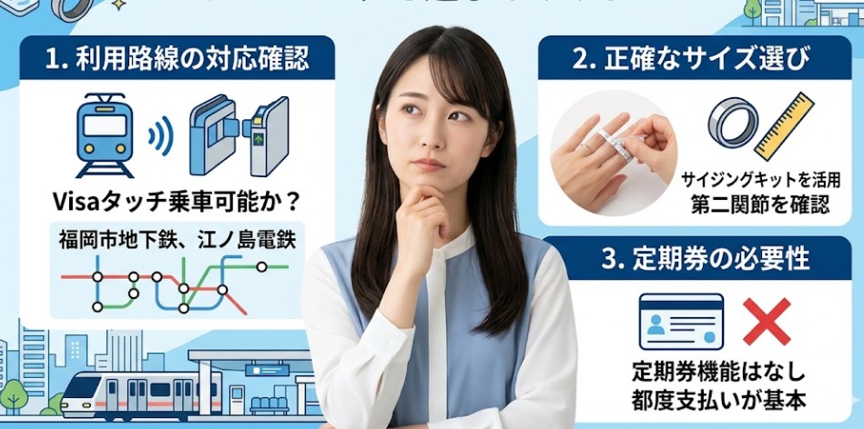 日本人の女性がスマートリングを選んでいる様子を描いたインフォグラフィック。利用路線の確認、正確なサイズ選び、定期券の必要性という3つのポイントをステップ形式でまとめて表現。