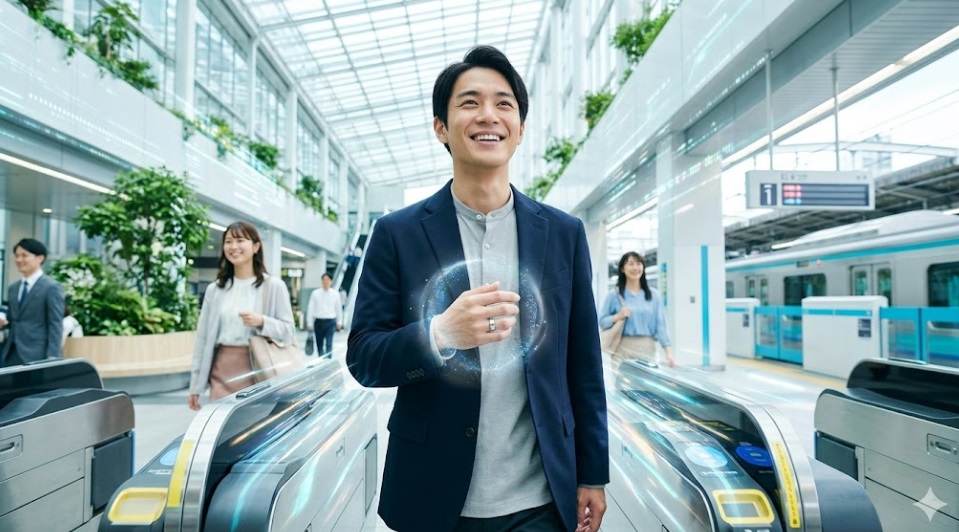 日本人の男性が、未来的な駅の改札機をスマートリングでスムーズに通過し、笑顔で歩き出す様子。手元が輝き、ストレスフリーな移動と未来の体験を視覚化。