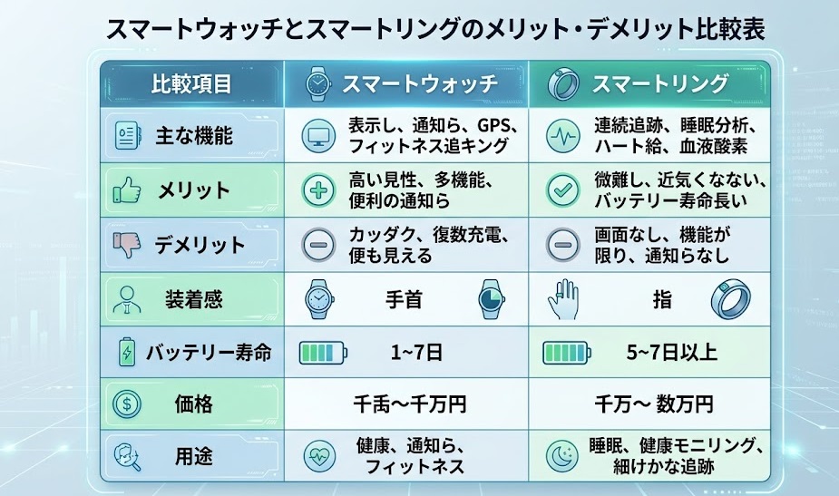 スマートウォッチとスマートリングの比較表